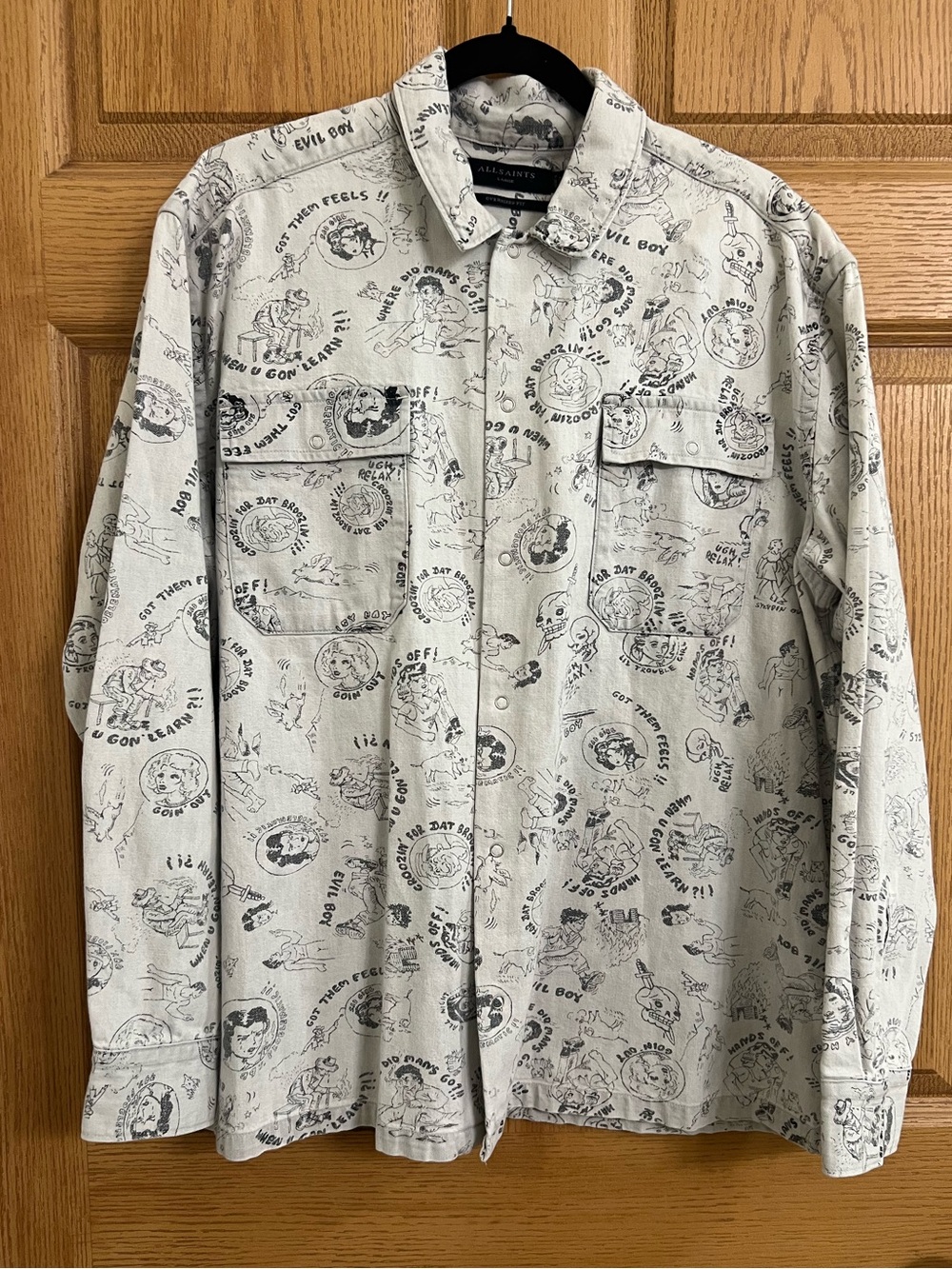 ALLSAINTS Feels Graphic Doodle Long Sleeve Snap Down Shirt Mens Size L